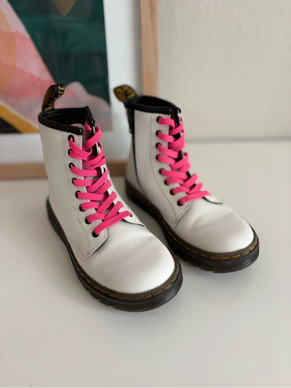 Dr. Martens White Leather Kids Boots with Pink Laces